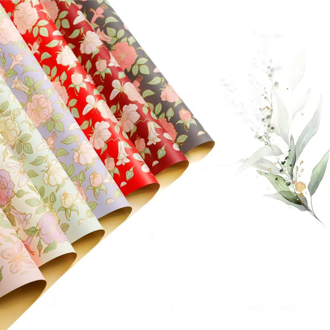 MYHC-76 Papier d'emballage de fleurs en film nacré à motif camélia vintage à bords dorés