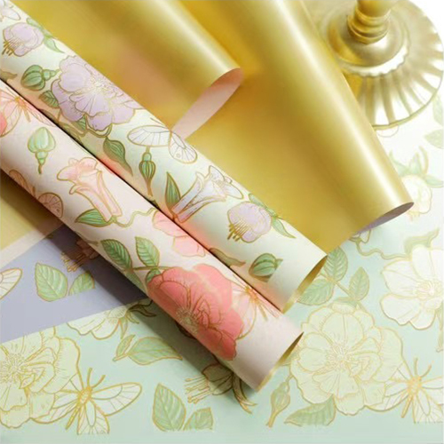 MYHC-76 Papier d'emballage de fleurs en film nacré à motif camélia vintage à bords dorés