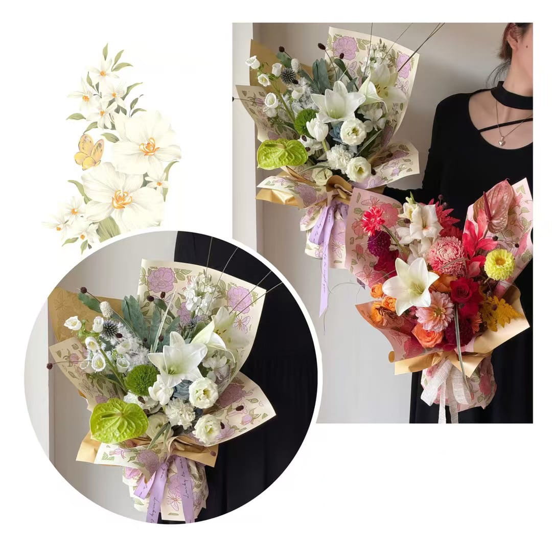 MYHC-76 Papier d'emballage de fleurs en film nacré à motif camélia vintage à bords dorés