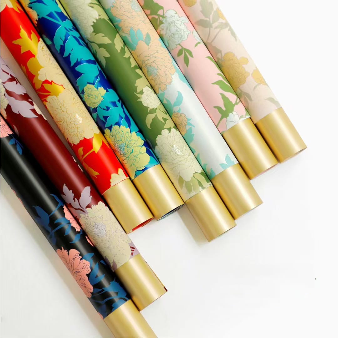 Papier d'emballage de fleurs en Film nacré, motif de pivoine de Style chinois, bordure dorée, MYHC-78
